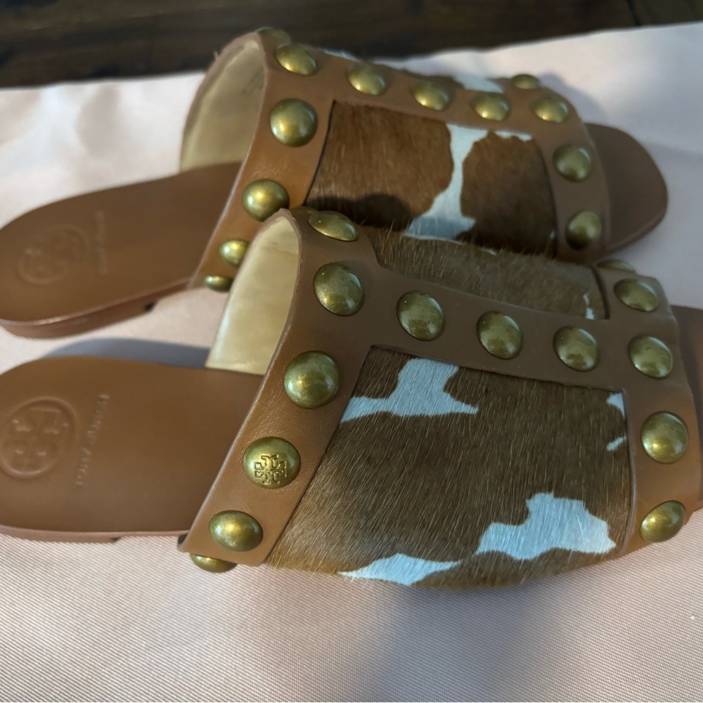 Tory Burch Brown and White Studded Slides - Picture 3 of 4